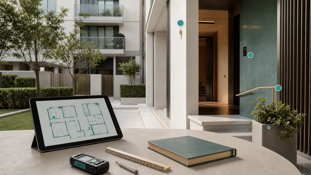 Tablet con planimetria e distanziometro laser davanti all’ingresso di un condominio: il geometra di studio durante una visita programmata
