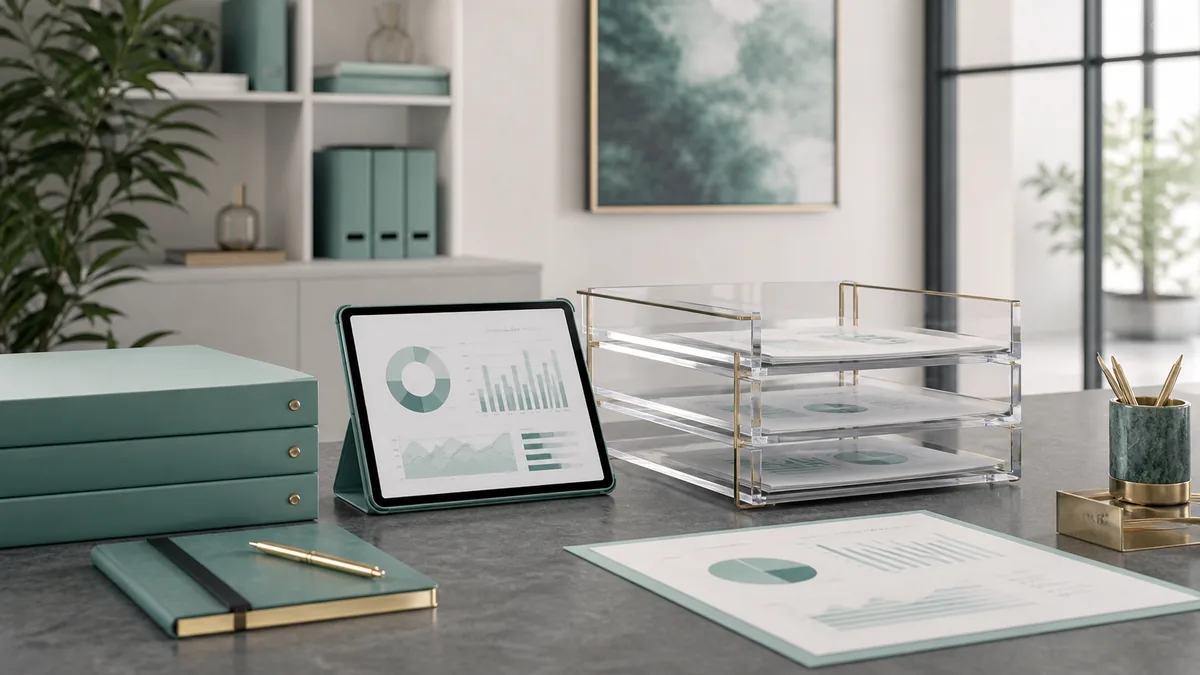 Scrivania con registri contabili, vassoio documenti e tablet che mostra il bilancio condominiale in grafici