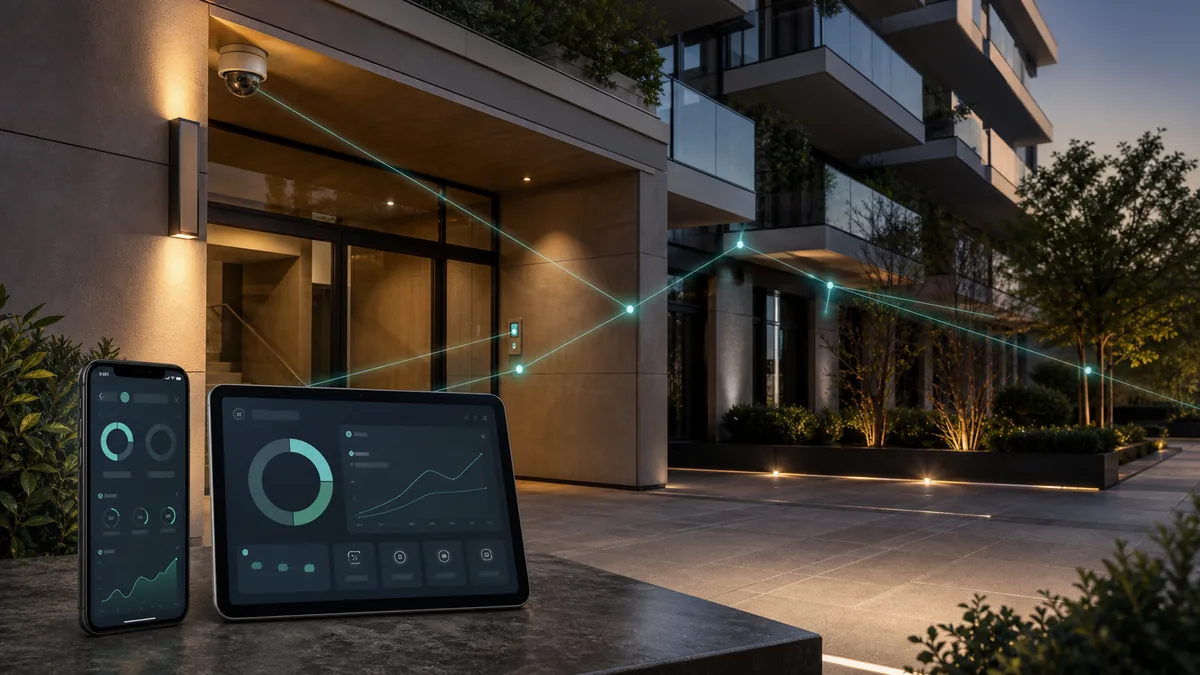 Smartphone e tablet con la dashboard delle segnalazioni davanti all’ingresso di un condominio illuminato di sera