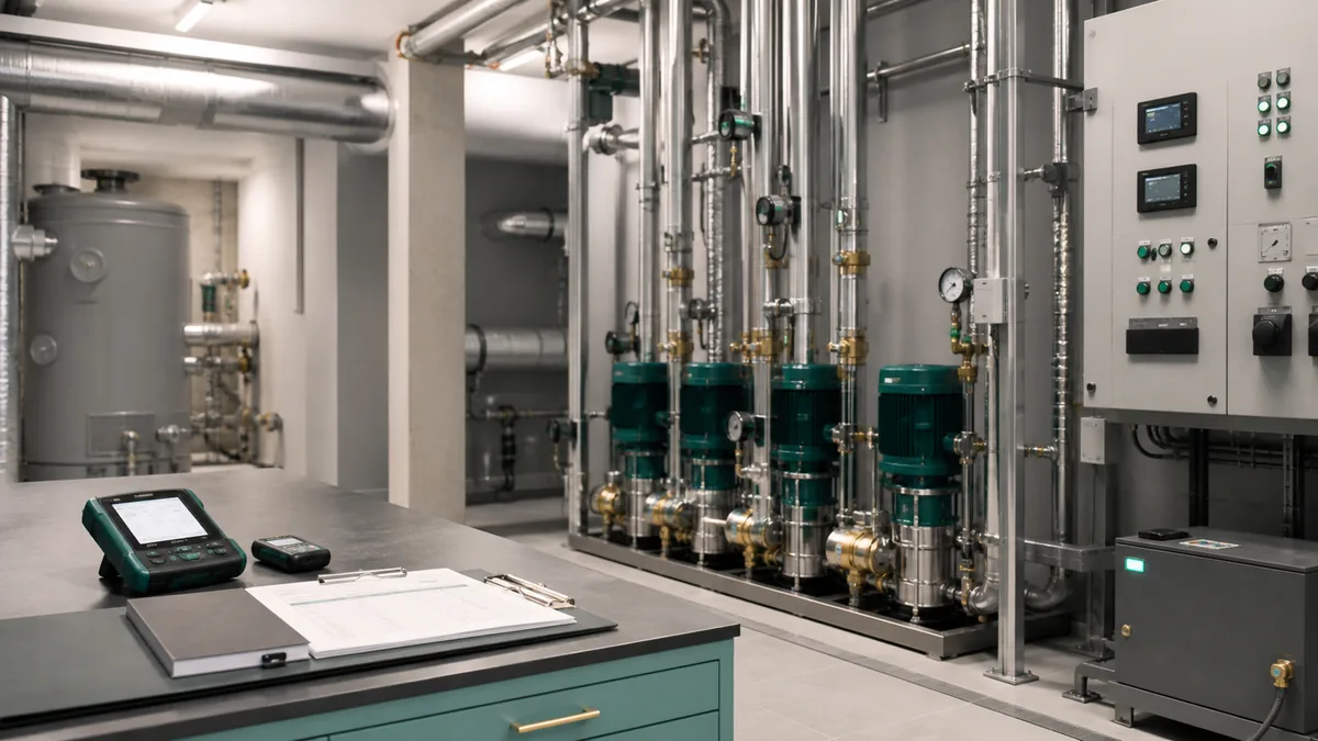 Centrale termica condominiale con pompe e quadro elettrico, accanto al registro dei controlli periodici