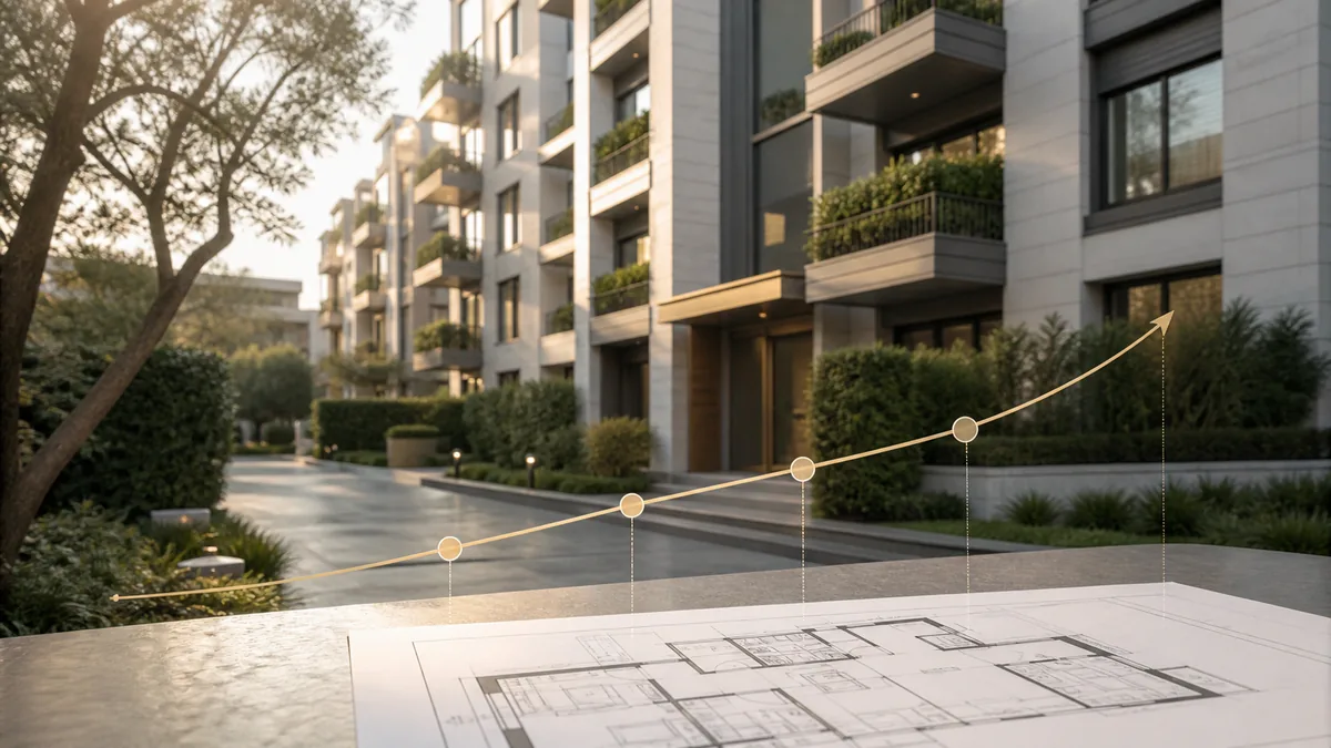 Corte alberata di un condominio residenziale con planimetria in sovrimpressione e curva di crescita del valore immobiliare