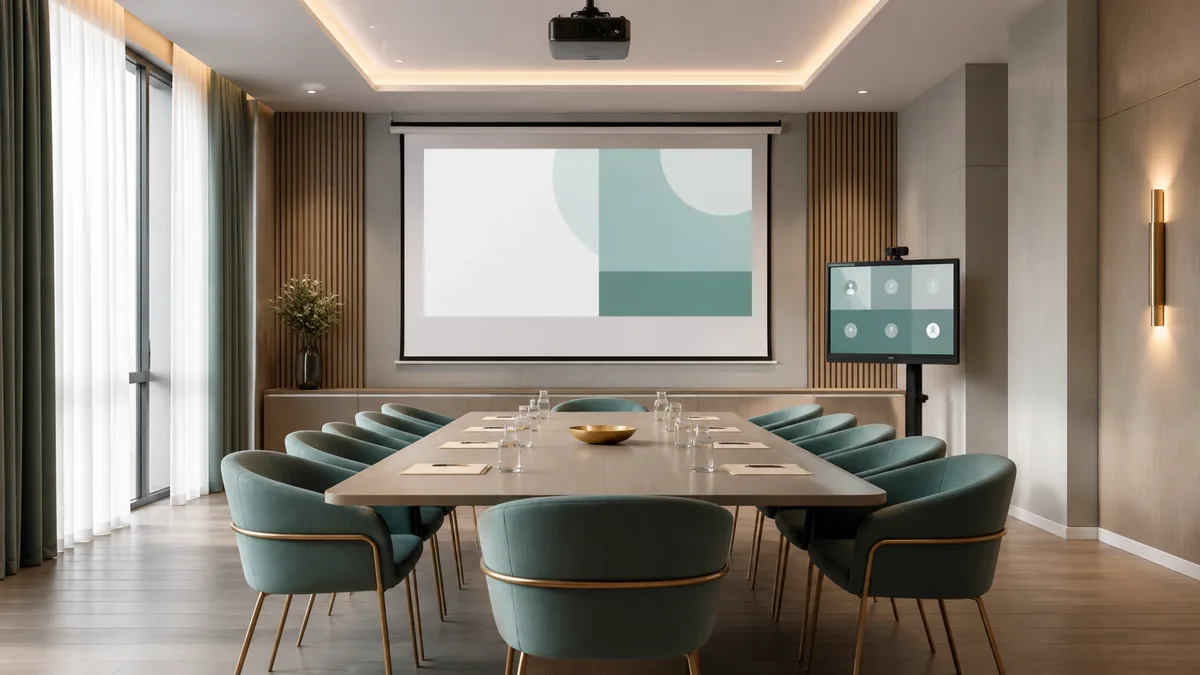 Sala assemblee di Studio Reviva con tavolo riunioni, videoproiettore e schermo per le assemblee ibride