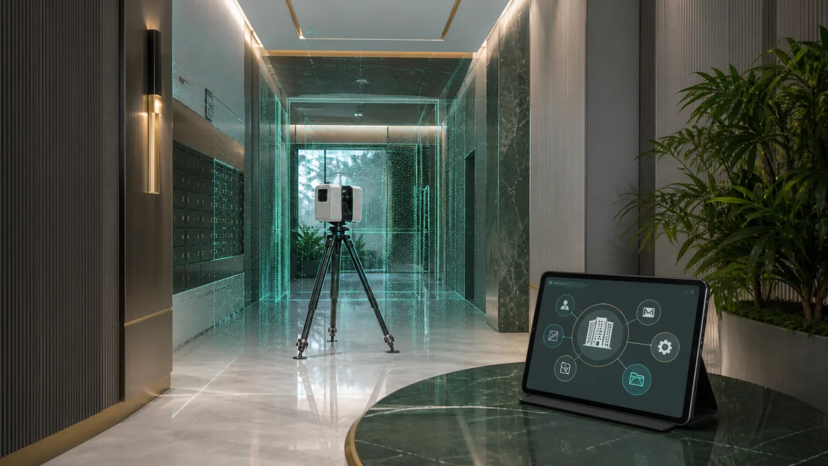 Scanner 3D su treppiede nell’atrio di un condominio e tablet con l’app Facility per la gestione della documentazione